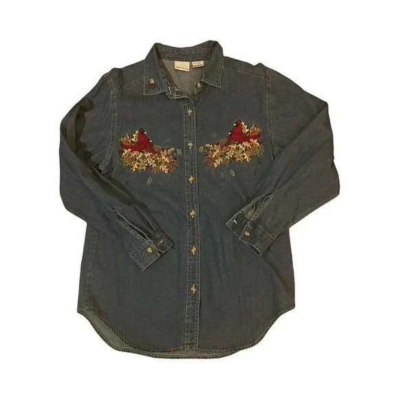Vtg Bobbie Brooks Women's Denim Button Up Shirt Blue Small Embroidered Cardinals - Picture 1 of 3